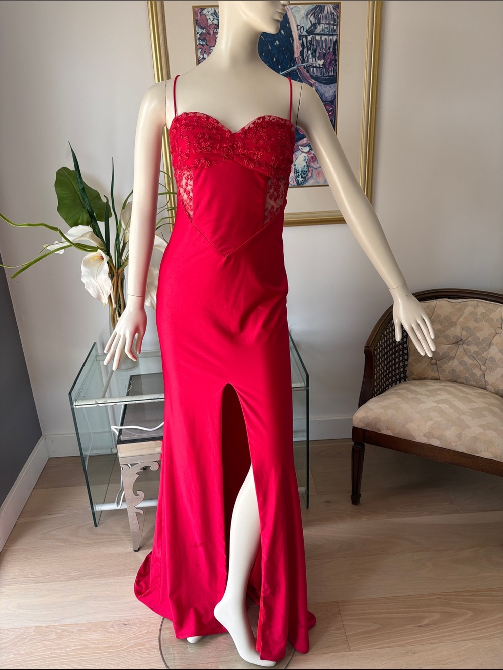 Red Lace-Detail Spaghetti Strap Evening Dress